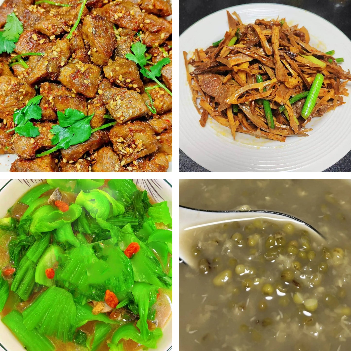 7月28日周二（A餐）无辣不欢：孜然羊肉粒（微🌶️）    五花肉炒笋干    上汤煲淋芥菜     陈皮绿豆沙