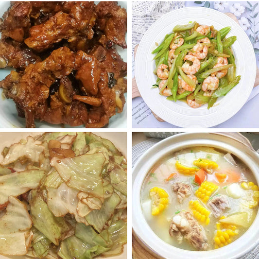 2月24日周二（A餐）无辣不欢：酱香骨架     香芹炒虾仁      手撕包菜    红萝卜玉米排骨汤