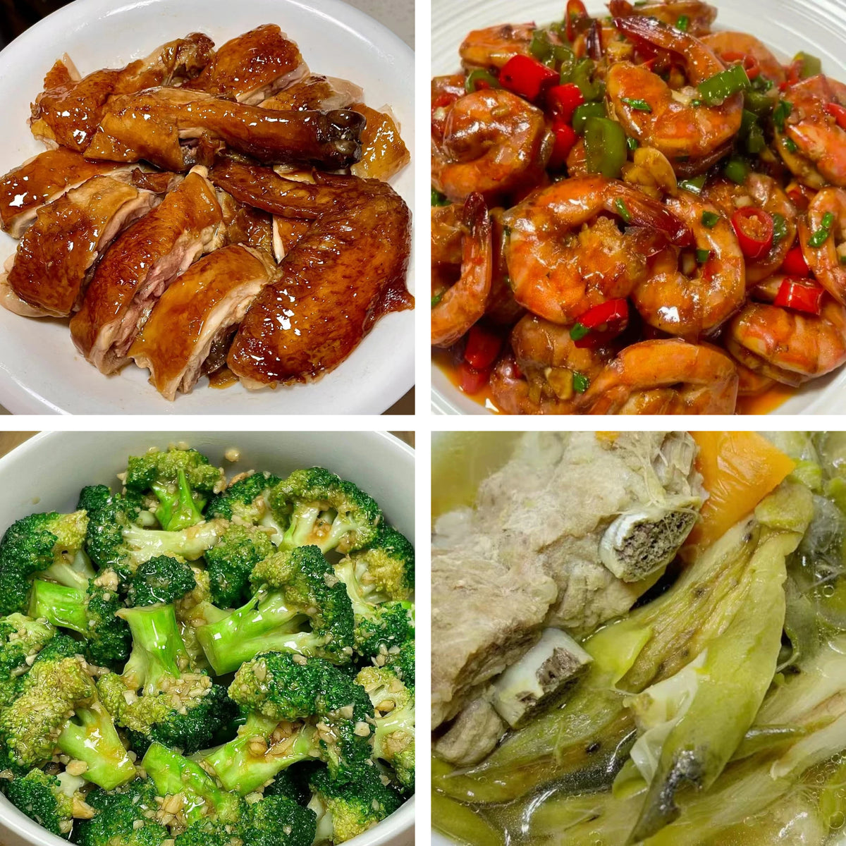 10月15日周四（A餐）无辣不欢：易佰招牌豉油鸡     川味香辣大虾🌶️     蒜香西兰花    霸王花煲龙骨汤