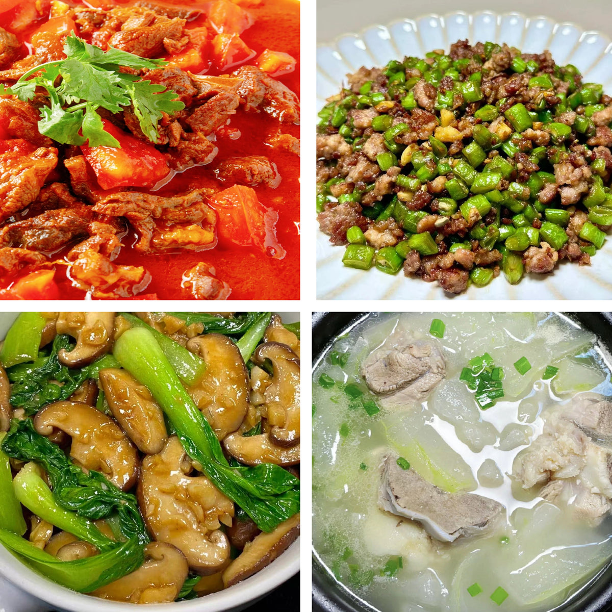 10月8日周四（B餐）家乡菜：番茄牛肉     肉沫四季豆    花菇油菜   冬瓜大骨汤