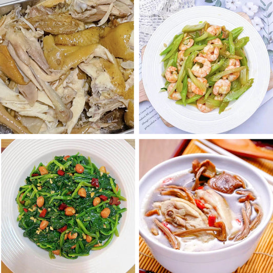 6月17日周三（B餐）家乡菜：手撕鸡     西芹炒虾仁    菠菜花生米      原盅茶树菇炖老鸡汤