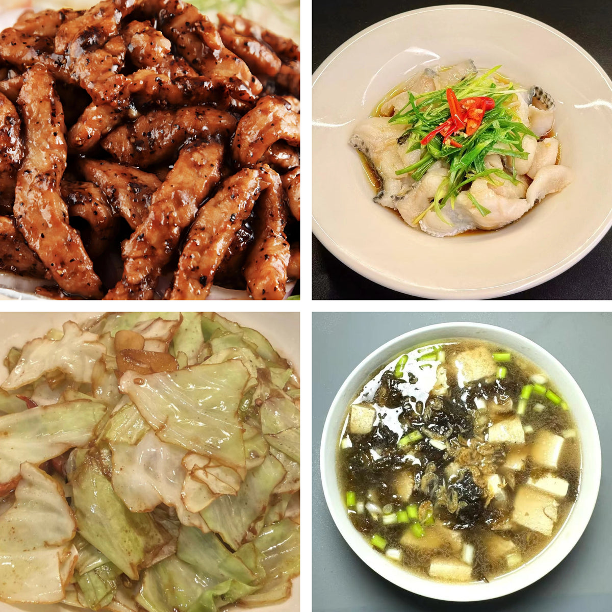 9月24日周四（B餐）家乡菜：蜜椒牛柳     姜葱鱼片    手撕包菜    虾皮豆腐紫菜汤
