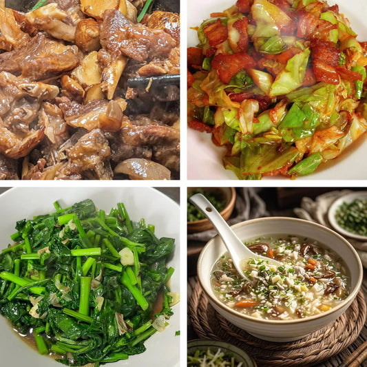 2月21日周六（B餐）无辣不欢：支竹马蹄焖羊腩    包菜炒五花肉    蒜香油菜    西湖牛肉羹