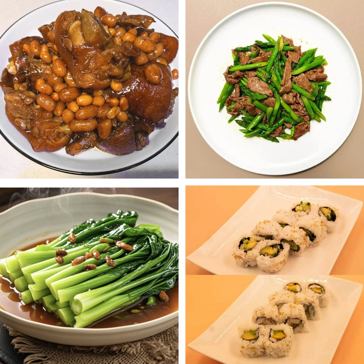 3月23日周一（B餐）家乡菜：美容猪手焖花生     素牛肉炒芦笋    蚝油芥兰     日式卷