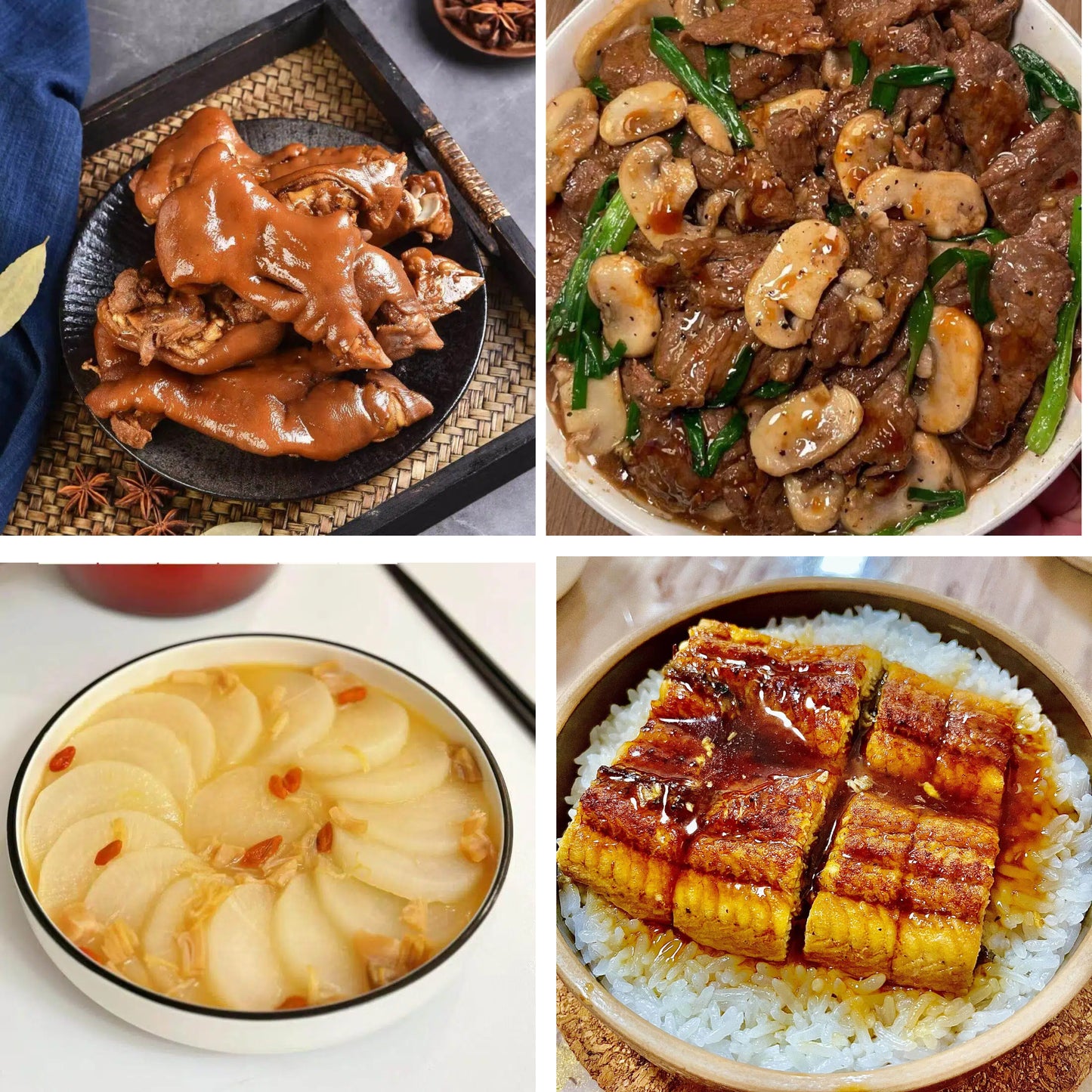 3月18日周三（B餐）家乡菜：香卤猪手     鲜蘑菇炒牛肉    鸡汤萝卜     鳗鱼钵仔饭（2钵）