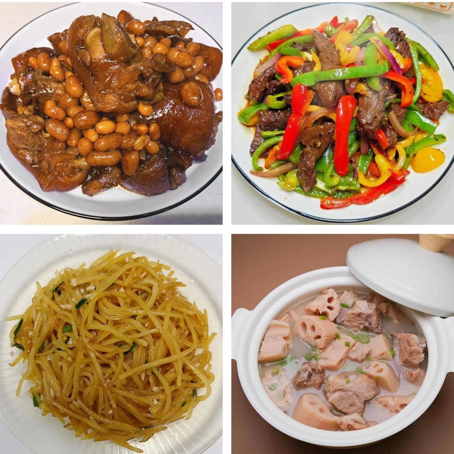 6月1日周一（B餐）家乡菜：猪手焖花生     豉椒炒牛肉     醋溜土豆丝    莲藕排骨汤