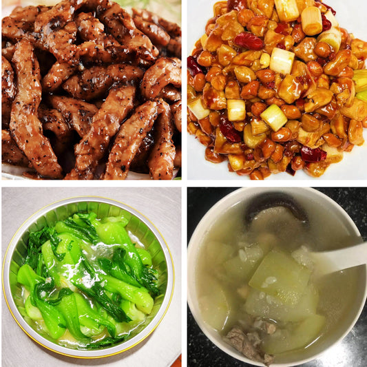 6月24日周三（B餐）家乡菜：铁板黑椒牛柳    宫保鸡丁    蒜香菜苗      章鱼节瓜筒骨汤