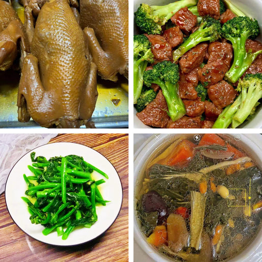 8月16日周日（B餐）家乡菜：酱香土鸡(整只）    西兰花炒牛肉     蒜蓉菜心     菜干红罗白煲龙骨汤