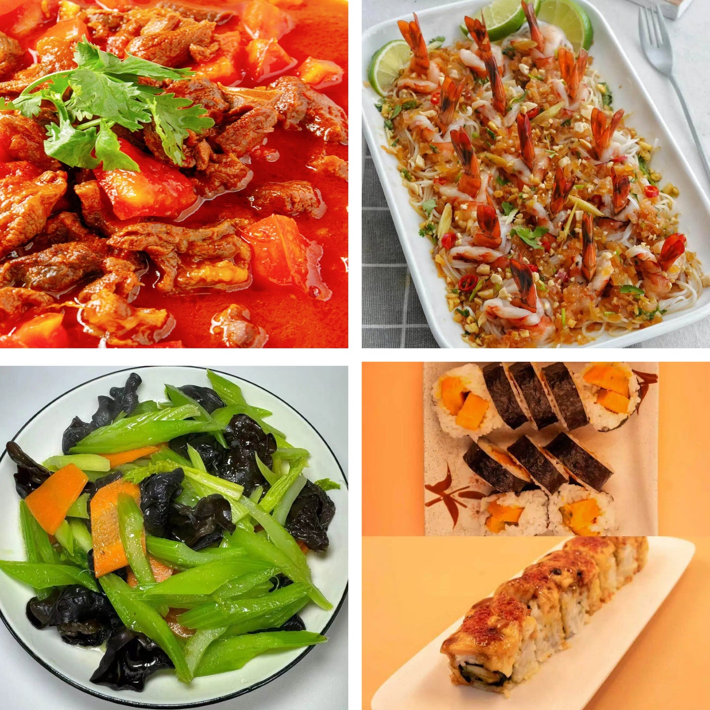 3月24日周二（B餐）家乡菜：番茄牛腩     泰汁蒸虾（酸辣）🌶️    芹菜炒木耳    日式卷