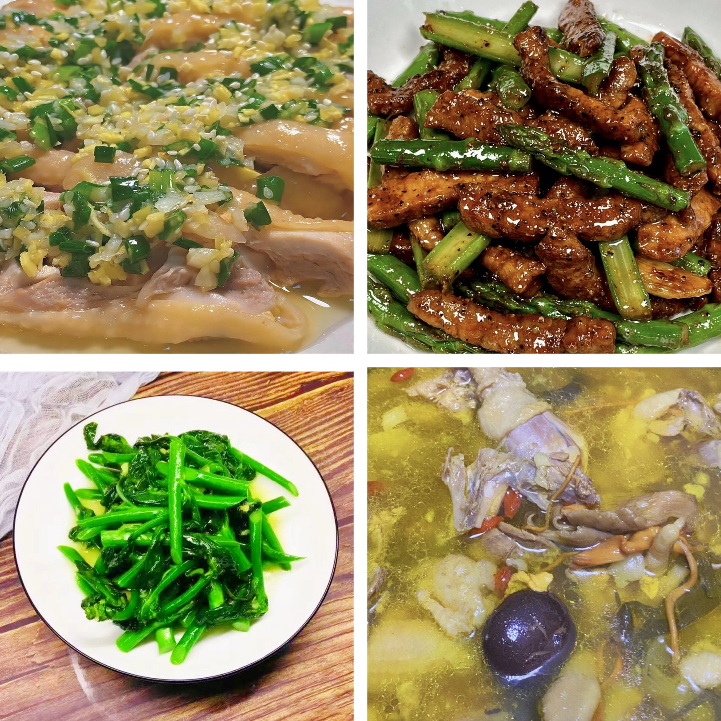 4月10日周五（B餐）家乡菜：广东葱油鸡    芦笋炒牛肉     清炒菜心    原盅野生菌炖土鸡汤