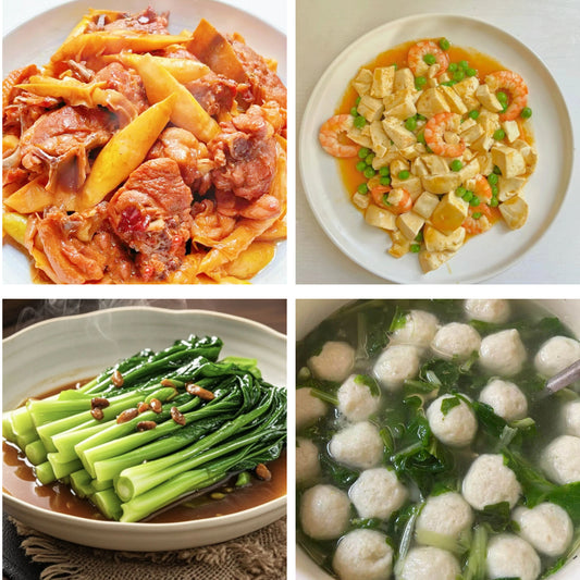 6月9日周二（B餐）家乡菜：笋尖焖鸭     虾仁豆腐     蚝油芥兰   发财鲮鱼丸菠菜汤