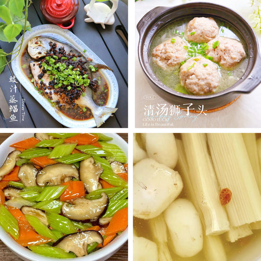 10月11日周日（B餐）家乡菜：豉汁蒸鲳鱼     清汤狮子头    芹菜炒香菇    茅根竹蔗马蹄水