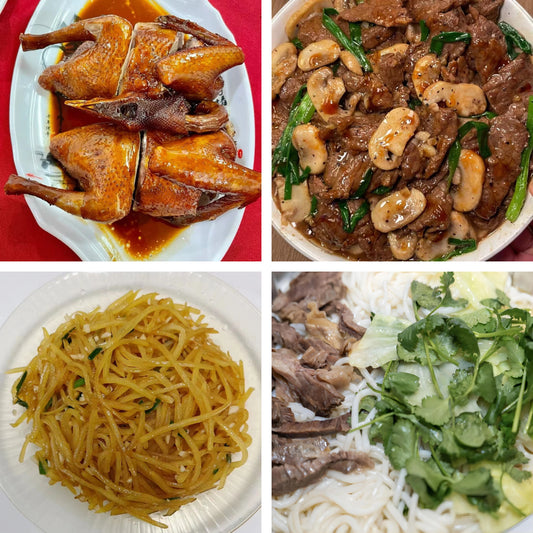 9月27日周日（B餐）家乡菜：豉油皇乳鸽     鲜蘑黑椒牛肉     醋溜土豆丝     清汤牛腱粉（2盒）