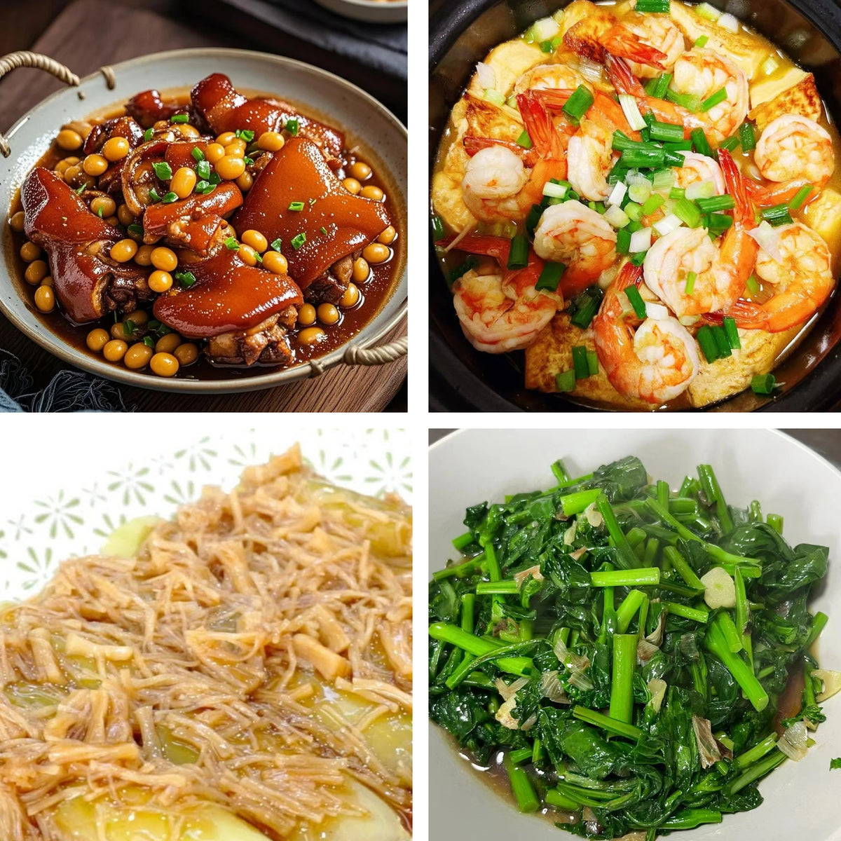 10月2日周五（B餐）家乡菜：黄豆炖猪手      海鲜豆腐煲    瑶柱瓜脯   蒜香青江菜