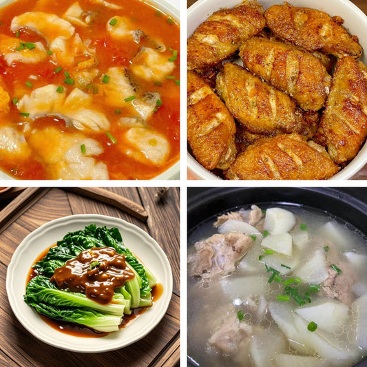 8月4日周二（B餐）家乡菜：番茄鱼片    椒盐鸡翅    蚝油生菜    筒骨萝卜汤