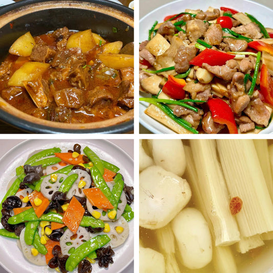 7月24日周五（B餐）家乡菜：土豆酱香牛肉    杏鲍菇炒肉片    荷塘小炒     茅根竹蔗马蹄水