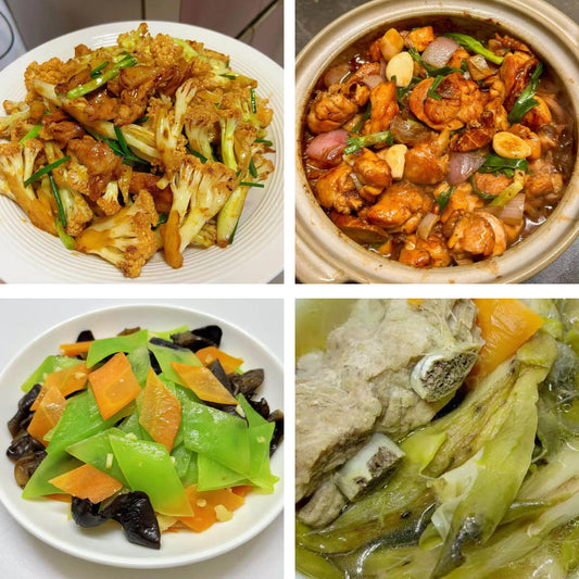 5月4日周一（B餐）家乡菜：干锅五花肉炒菜花    广东啫啫鸡煲     莴笋炒木耳     霸王花龙骨汤
