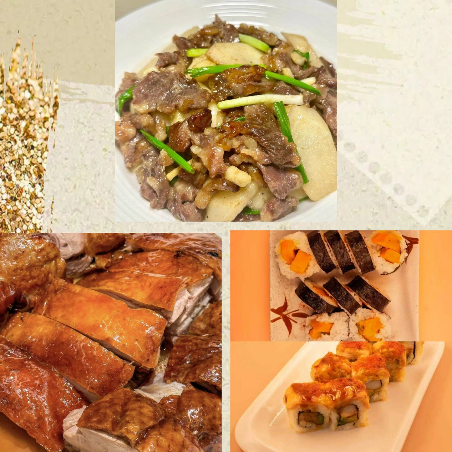 3月26日周四（C餐）精致小餐：山药炒牛肉    广东烧鸭    日式卷