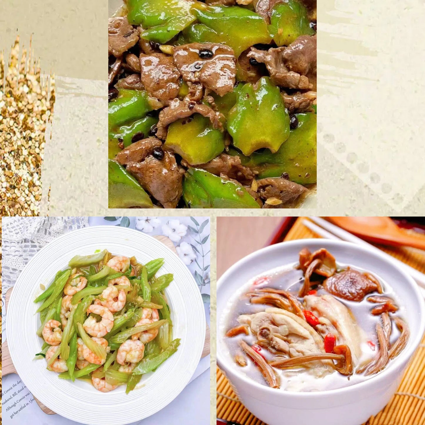 6月17日周三（C餐）精致小餐：凉瓜炒牛肉      西芹炒虾仁    原盅茶树菇炖老鸡汤