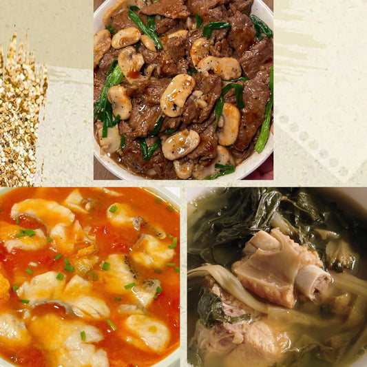 3月2日周一（C餐）精致小餐：鲜蘑黑椒牛肉    番茄鱼片    白菜干煲猪骨汤