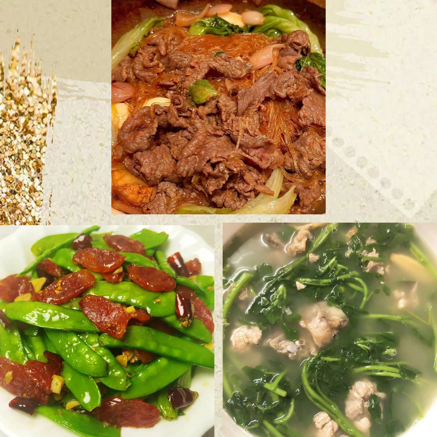 3月19日周四（C餐）精致小餐：沙茶牛肉粉丝煲     甜豆炒腊味    龙骨西洋菜汤