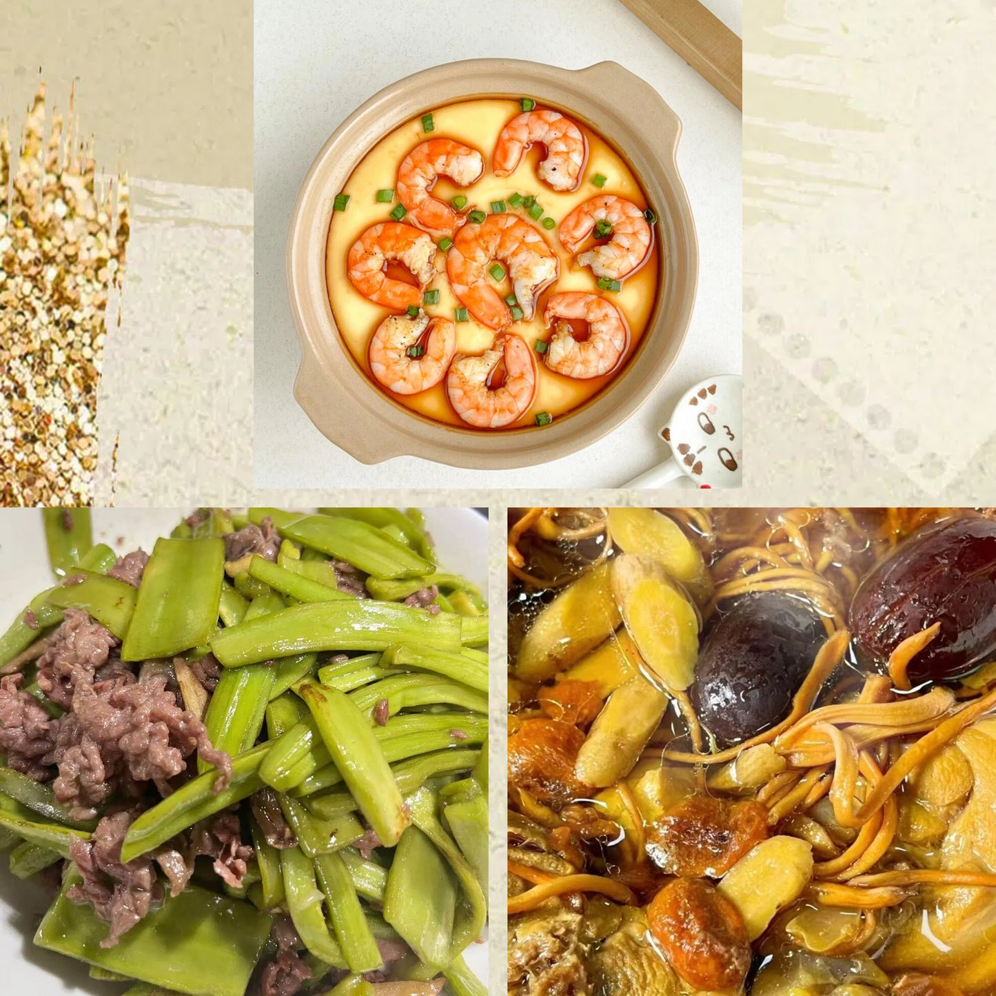 7月19日周日（C餐）精致小餐：虾仁鸡蛋羹     贡菜炒牛肉    虫草花鸡汤