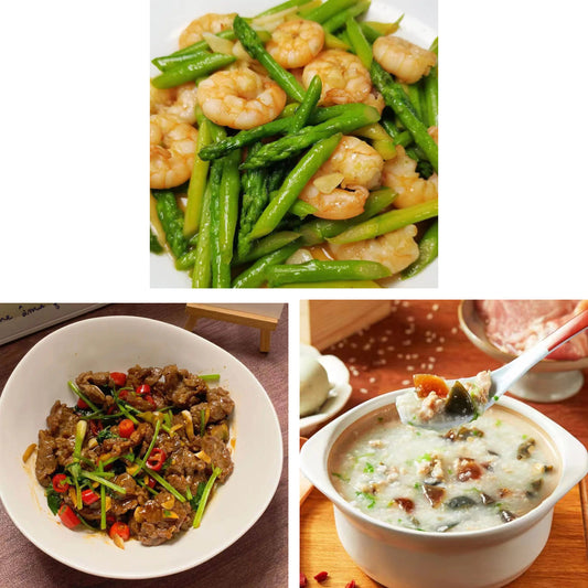 4月12日周日（C餐）精致小餐：小炒黄牛肉🌶️   芦笋虾仁    皮蛋瘦肉粥