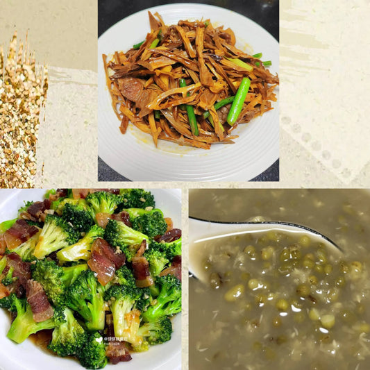 7月28日周二（C餐）精致小餐：五花肉炒笋干     腊肠炒西蓝花    陈皮绿豆沙