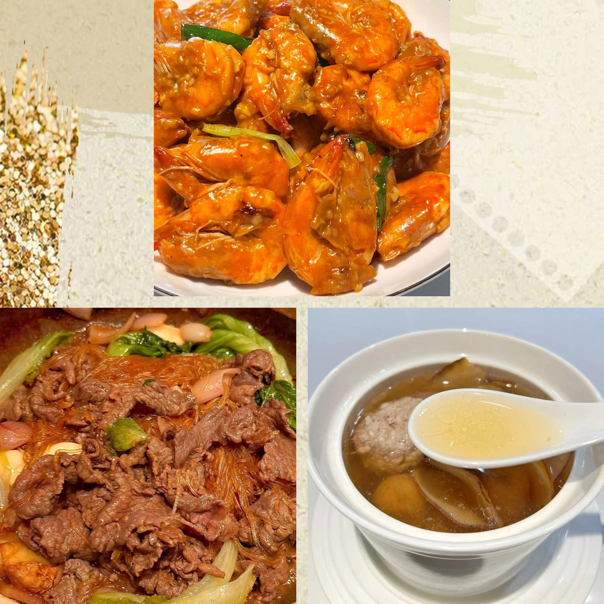 10月6日周二（C餐）精致小餐：蒜蓉咖喱虾🌶️   沙茶牛肉粉丝煲     雪梨干南北杏煲瘦肉汤