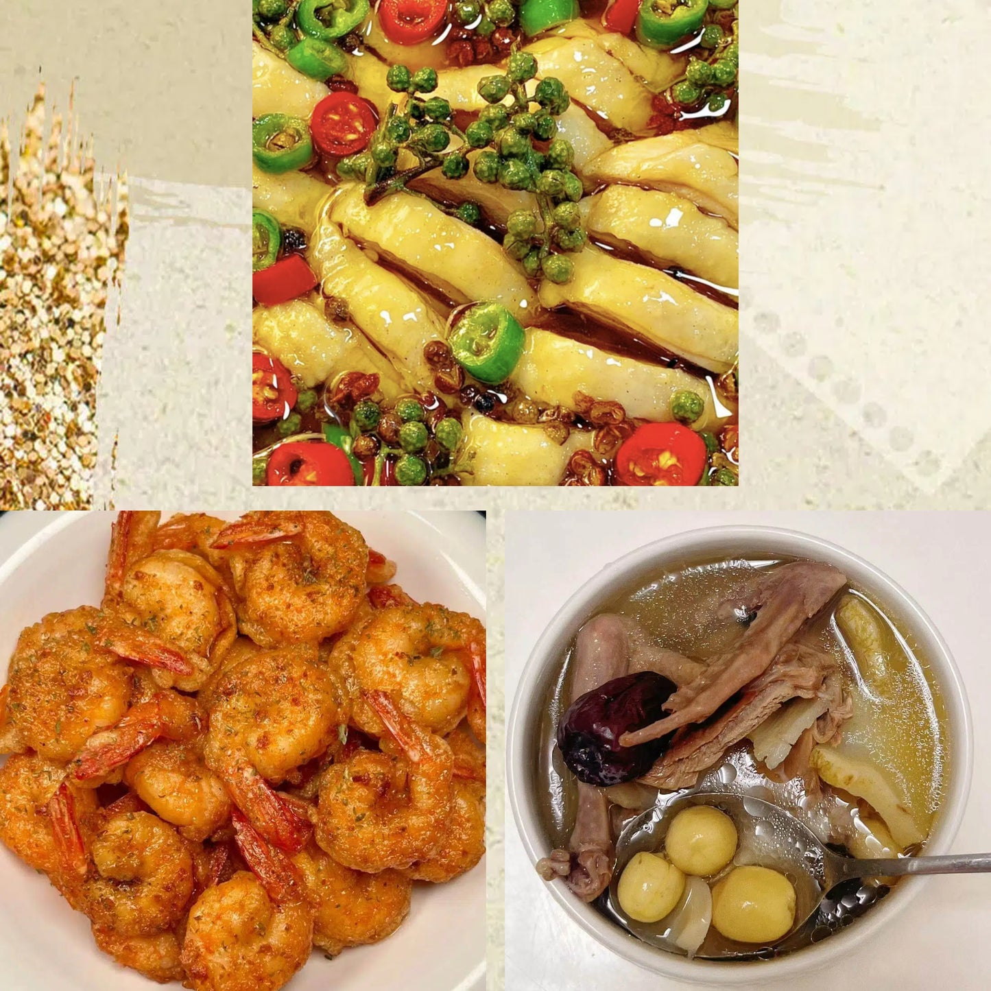5月31日周日（C餐）精致小餐：藤椒鸡🌶️    椒盐大虾      原盅清补凉鸡汤