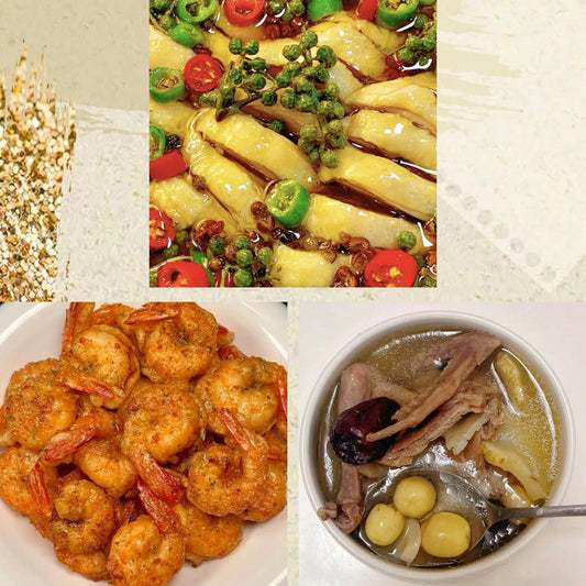 5月31日周日（C餐）精致小餐：藤椒鸡🌶️    椒盐大虾      原盅清补凉鸡汤