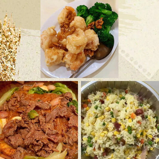 2月23日周一（C餐）精致小餐：核桃虾     沙爹粉丝节瓜肥牛煲     顺德炒饭