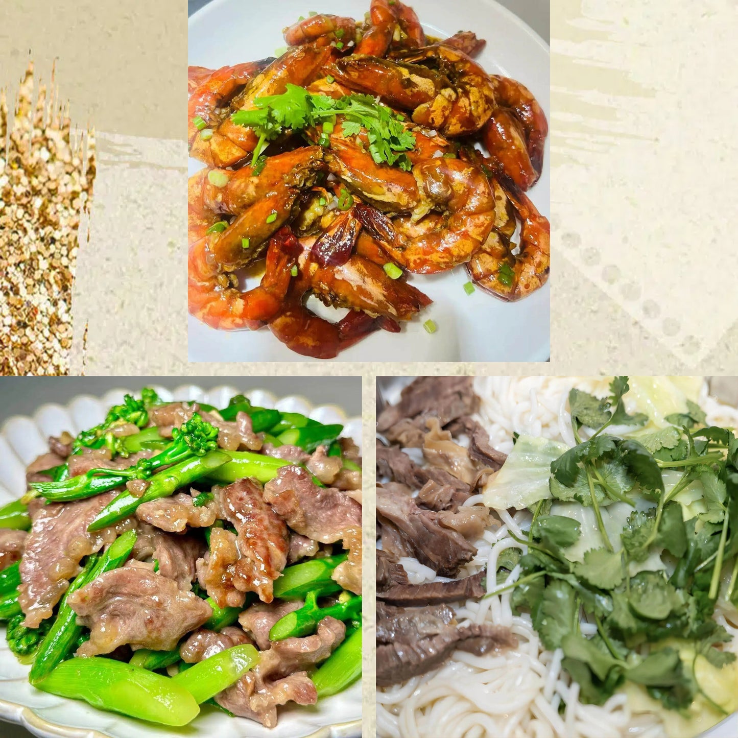 3月5日周四（C餐）精致小餐：美极酱油香煎虾    牛肉炒芥兰     清汤牛腱粉（2盒）