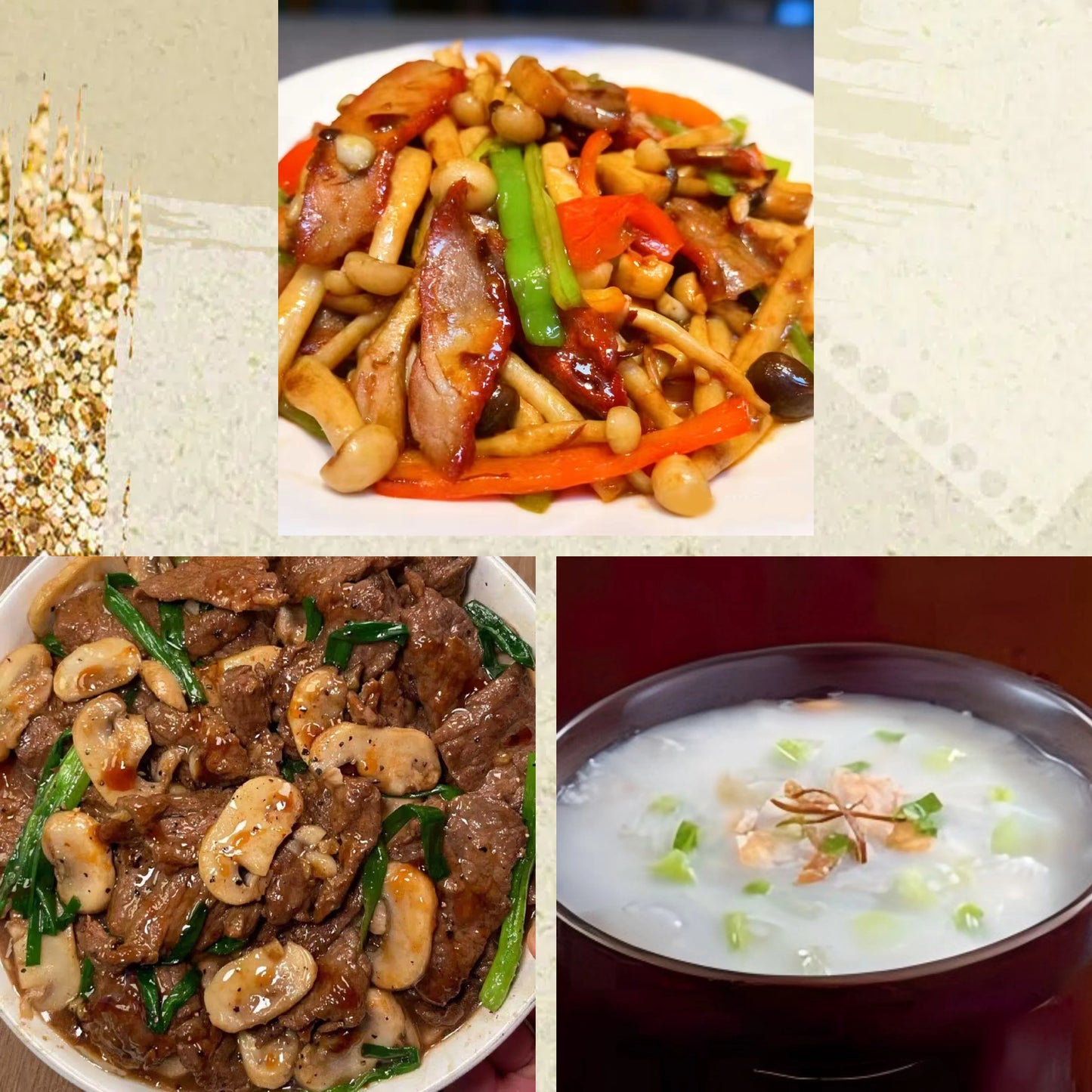 7月30日周四（C餐）精致小餐： XO酱叉烧炒杂菌      鲜蘑黑椒牛肉     鱼蓉粥