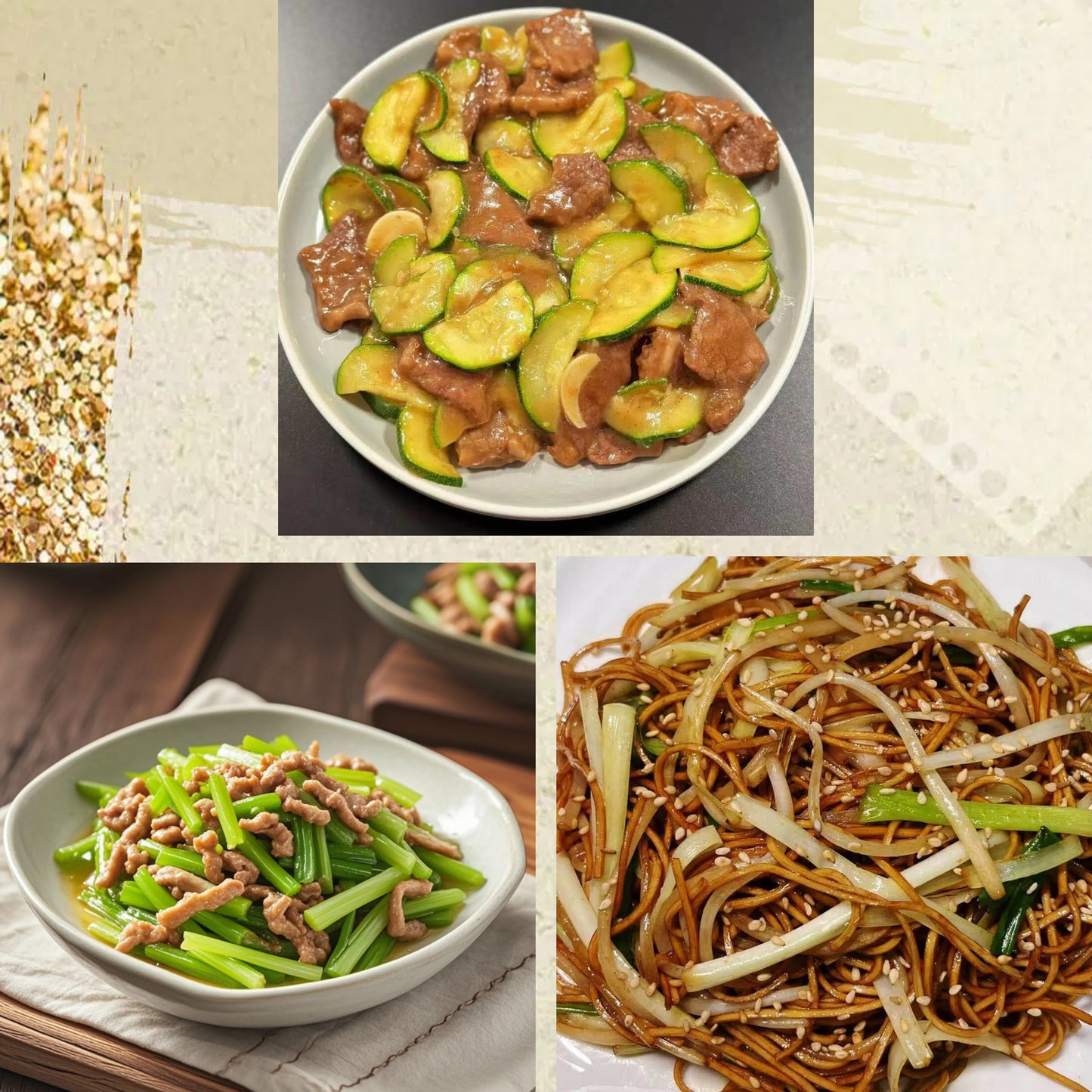 3月20日周五（C餐）精致小餐：西葫芦炒牛肉     西芹炒肉丝      豉油皇炒面