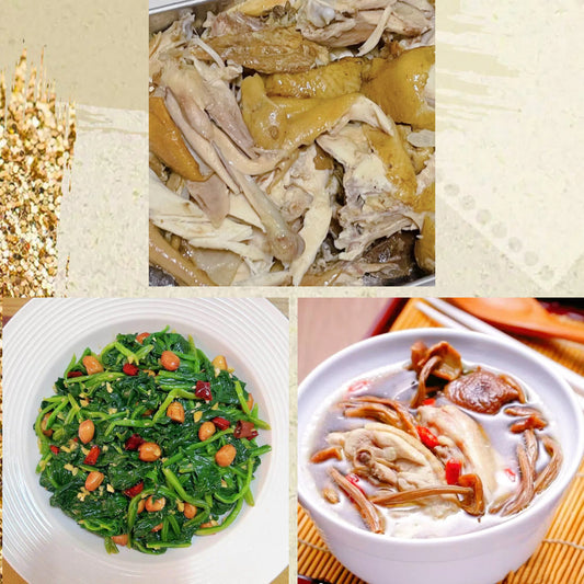 6月17日周三（D餐）精致小餐：手撕鸡     菠菜花生米     原盅茶树菇炖老鸡汤