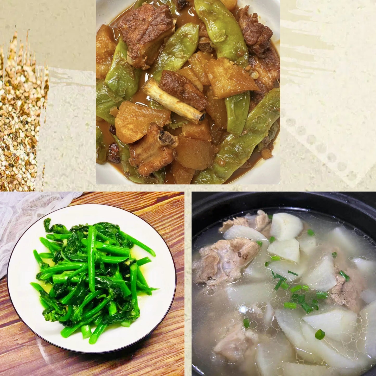 7月13日周一（D餐）精致小餐：排骨炖豆角      姜汁酒炒芥兰    桶骨胡椒萝卜汤