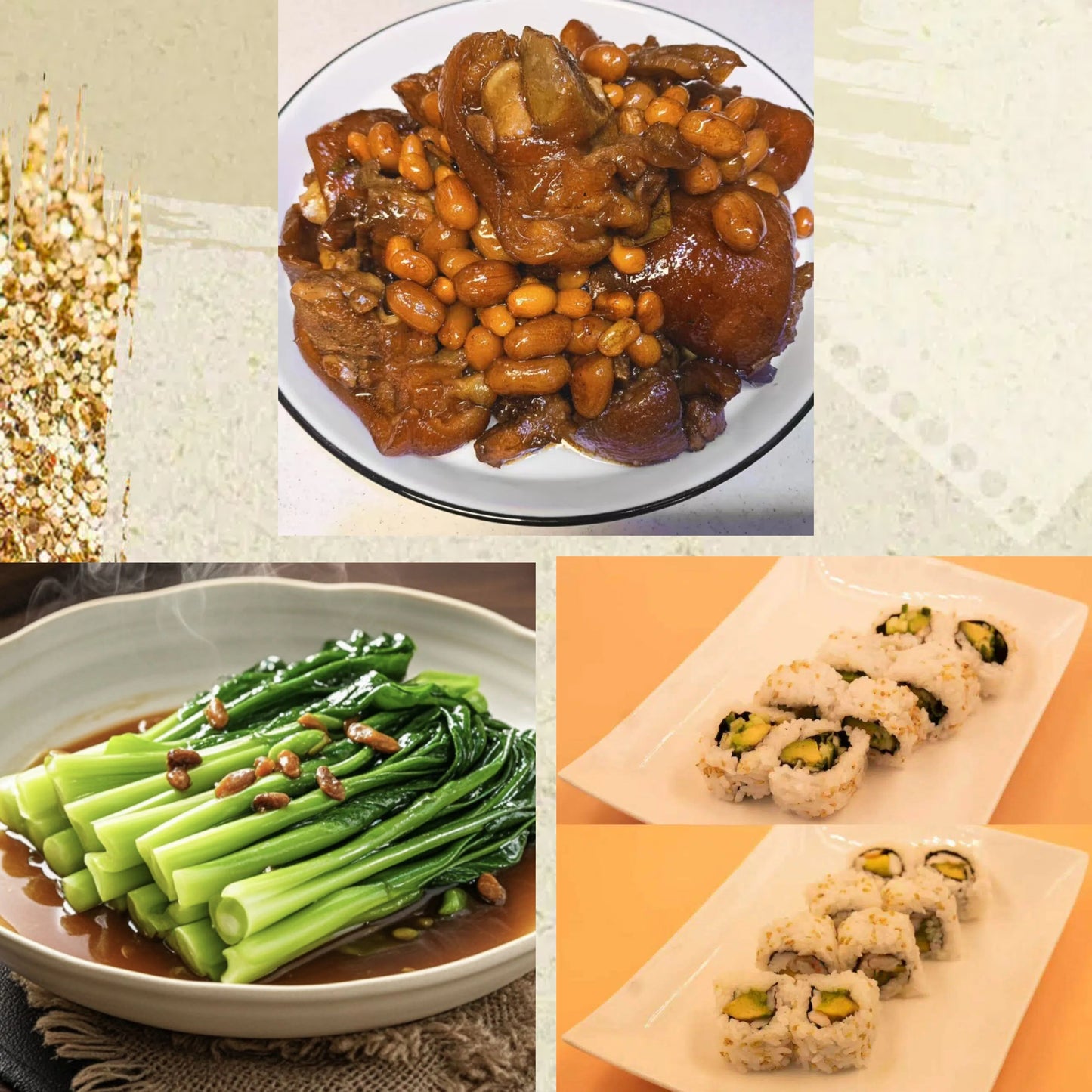 3月23日周一（D餐）精致小餐：美容猪手焖花生    蚝油芥兰   日式卷