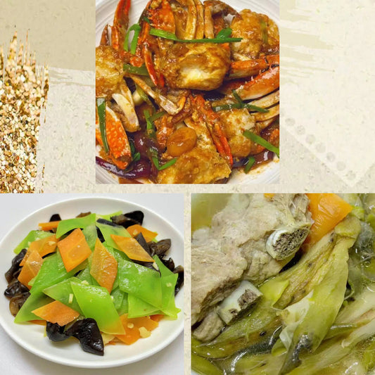 5月4日周一（D餐）精致小餐：姜葱炒蓝蟹     莴笋炒木耳     霸王花龙骨汤