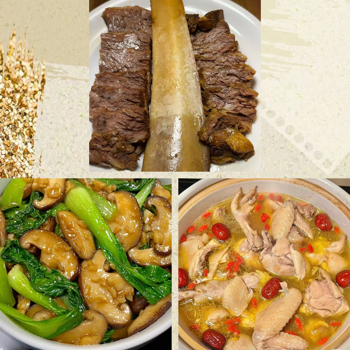 11月8日周日（D餐）精致小餐：酱香牛肋排       花菇油菜     养颜滋补鸡汤