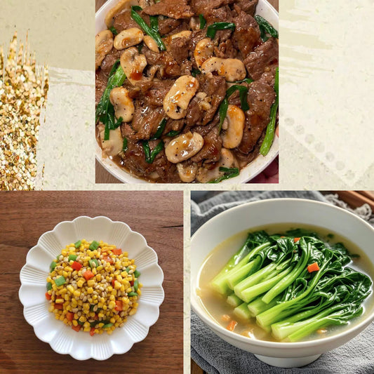 8月30日周日（D餐）精致小餐：鲜蘑黑椒牛肉    松仁玉米   上汤菜心