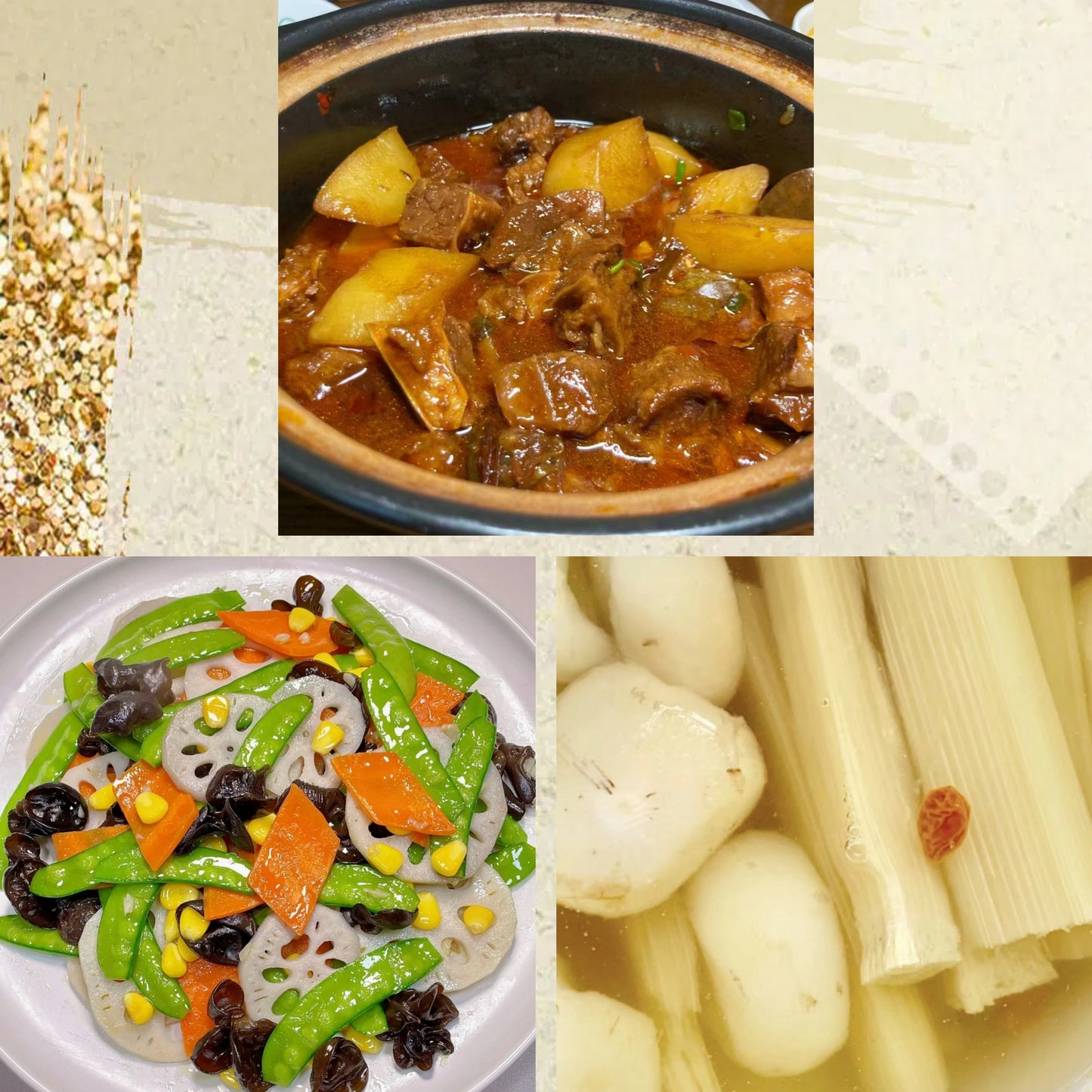 7月24日周五（D餐）精致小餐：土豆酱香牛肉    荷塘小炒    茅根竹蔗马蹄水