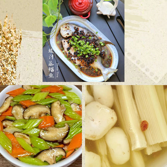10月11日周日（D餐）精致小餐：豉汁蒸鲳鱼     芹菜炒香菇    茅根竹蔗马蹄水