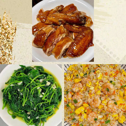 7月6日周一（D餐）精致小餐：易佰招牌豉油鸡     上汤番薯苗     虾仁炒饭
