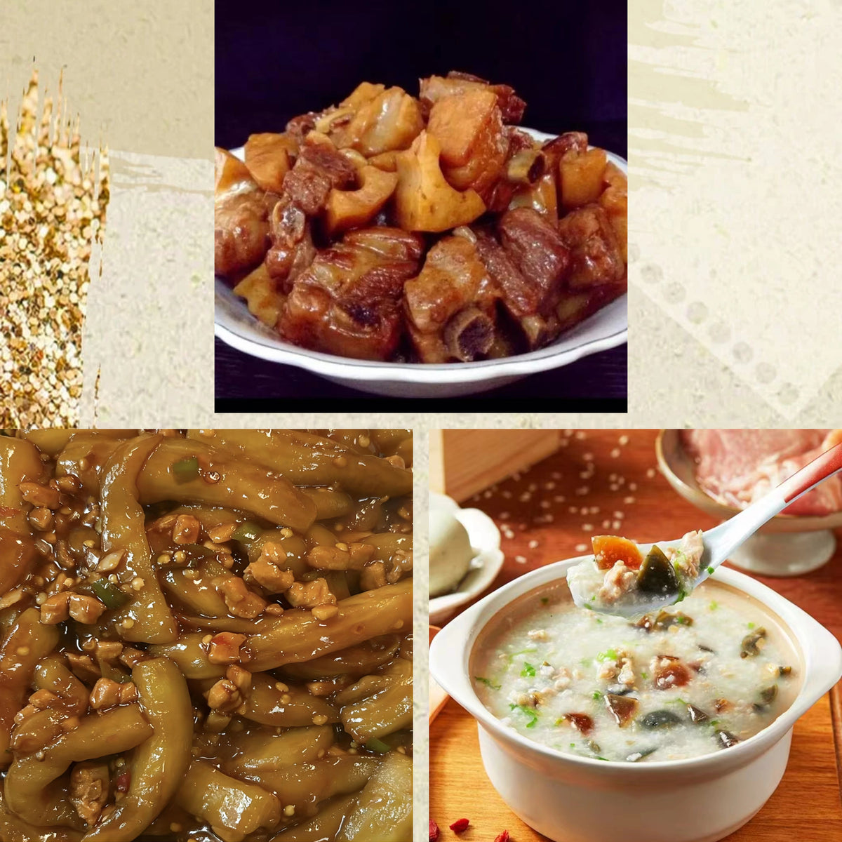 9月25日周五（D餐）精致小餐：莲藕焖排骨     肉沫茄子    皮蛋瘦肉粥