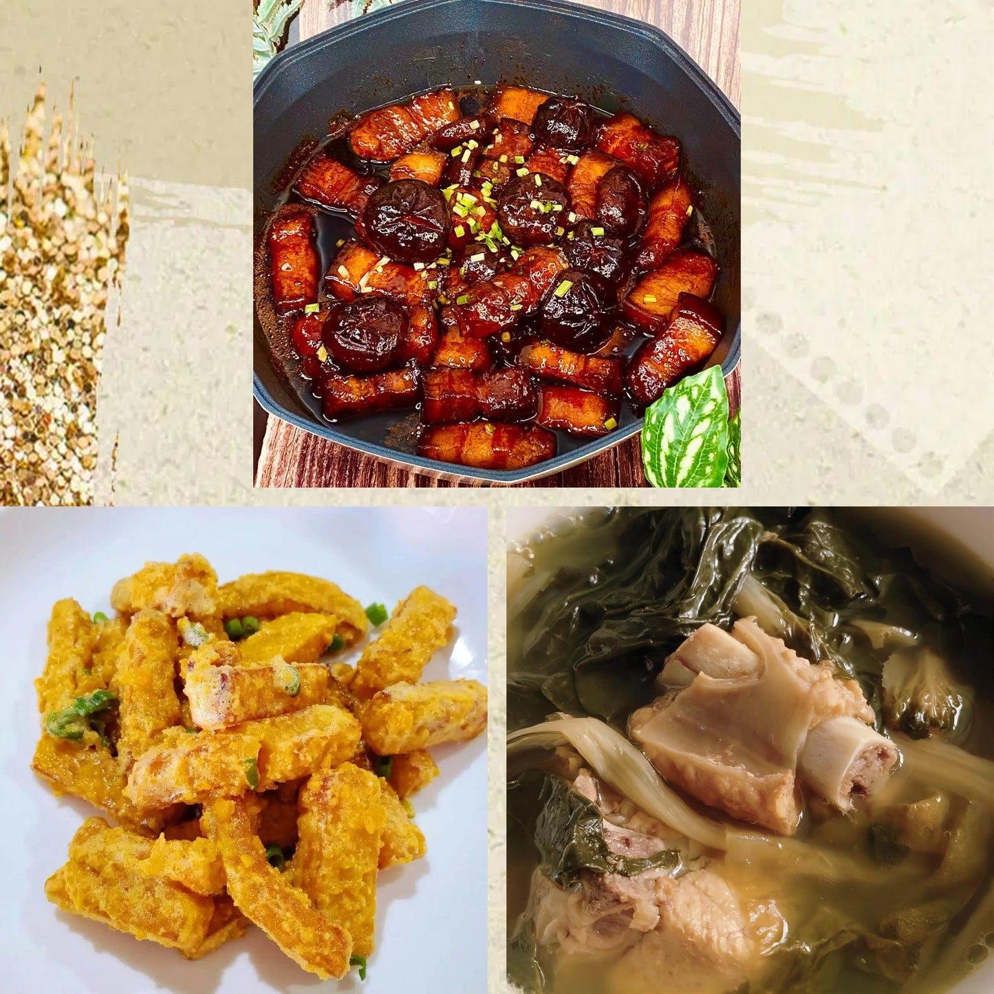 3月2日周一（D餐）精致小餐：五花腩焖香菇    金沙南瓜    白菜干煲猪骨汤