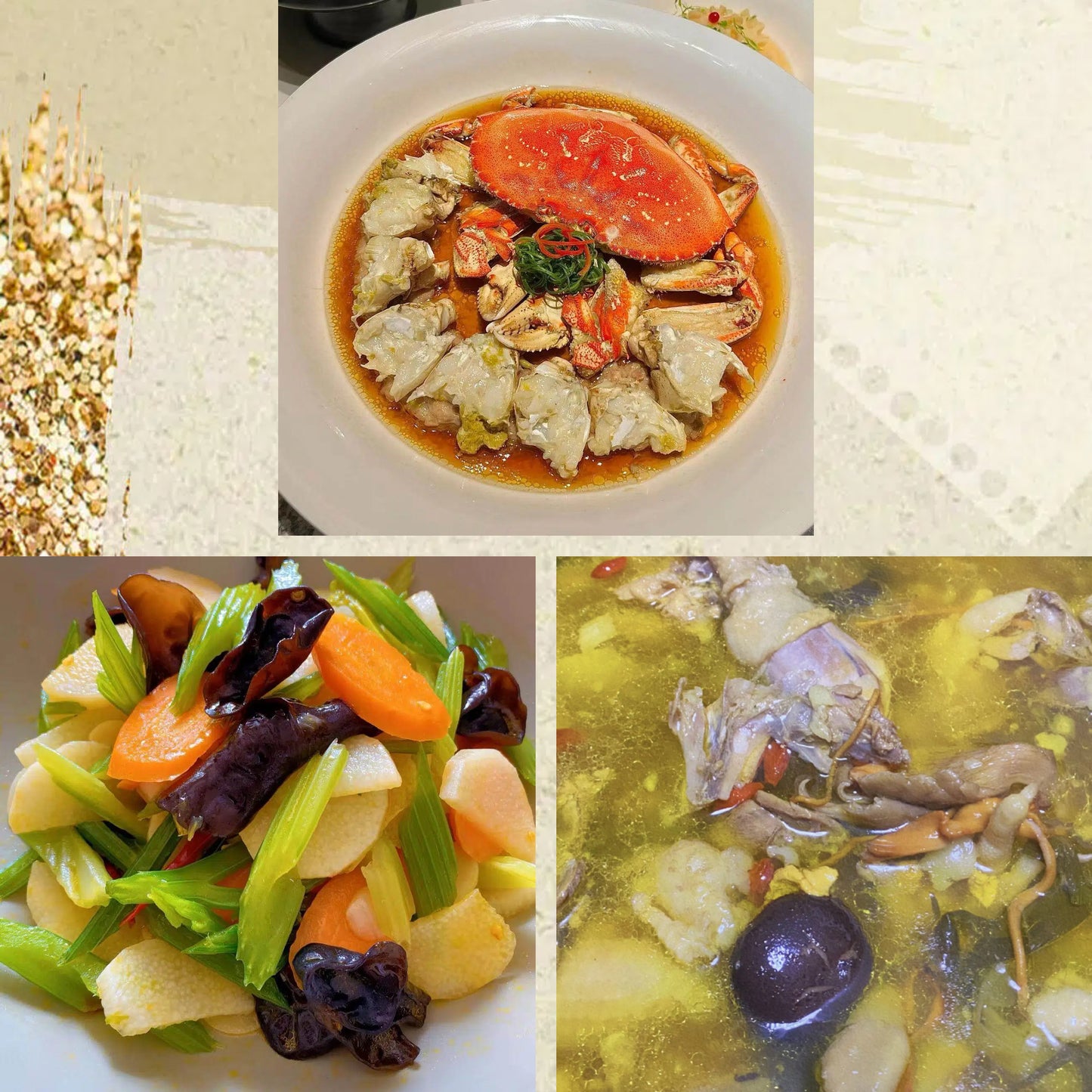 3月8日周日（D餐）精致小餐：花雕醉蟹      西芹炒山药    菌菇土鸡汤