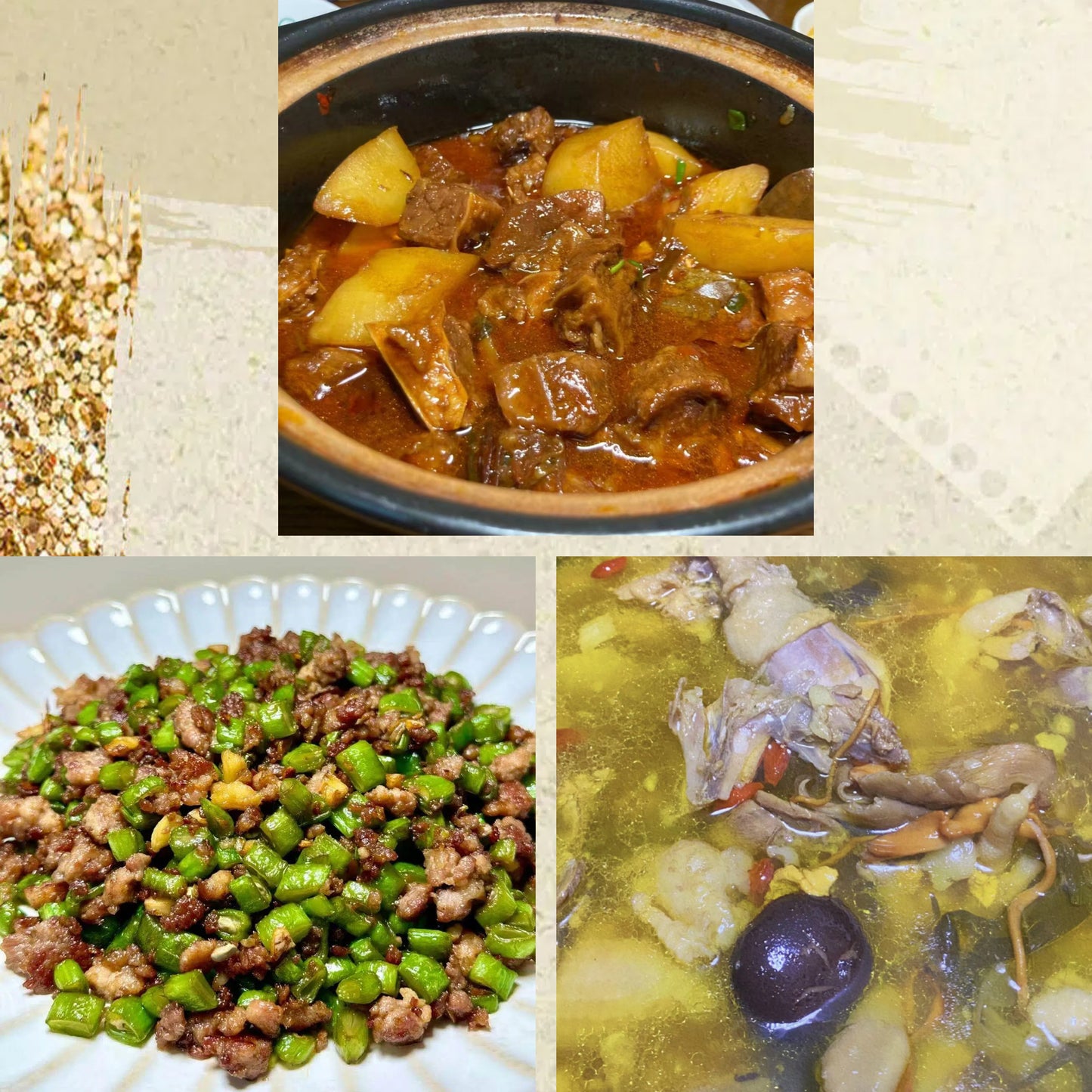 3月10日周二（D餐）精致小餐：土豆烧牛肉      肉沫四季豆     菌菇土鸡汤