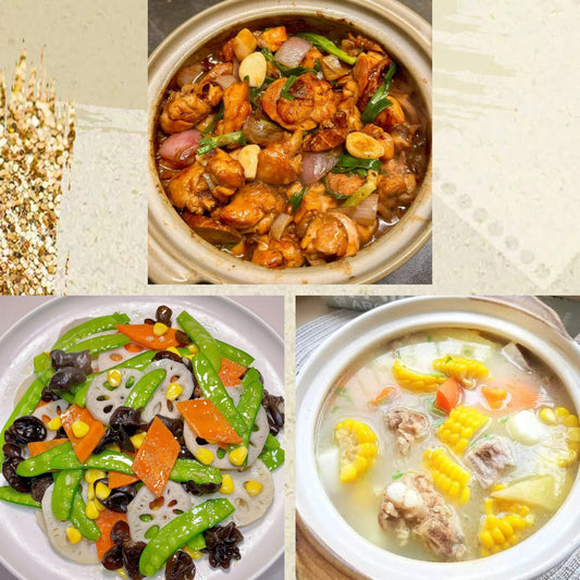 2月8日周日（D餐）精致小餐：广东啫啫鸡煲    荷塘小炒    玉米萝卜排骨汤